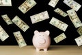 Piggybank surrounded by money resting on a table.