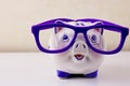 Piggybank wearing glasses on light background using as saving money, investment, budget, financial concept