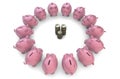 Piggybanks around coins