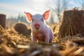 Piglet eating hay in a barn. Baby piglet on hay and straw at pig breeding farm