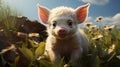 Piglet lying on green grass. Cute young pig is lying on the green grass in the yard. generative ai Royalty Free Stock Photo