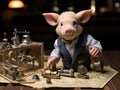 Piglet in suit holding blueprints pointing at model