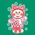 Piglet in winter clothes and snowflakes