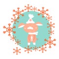 Piglet in winter in a white hat. In the circle of red snowflakes, vector illustration