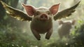 When Pigs Fly! A Whimsical, Cute Piglet Soaring Through A Dreamy Forest With Wings Royalty Free Stock Photo