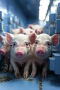 Pigs in modern farm standing next to each other. Electronic devices in farm