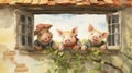 Digital Painting Of Three Little Pigs In Window Royalty Free Stock Photo