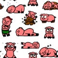 Pigs and piglets. Seamless illustration. Cartoon sketch style. Hand outline drawing cheerful funny animal. vector