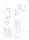 Pigtailed little girl with baby footballer and boy with dog,sketches and pencil sketches and doodles Royalty Free Stock Photo