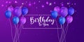 Happy birthday background with multicolor air balloon on purple background with text and light effect
