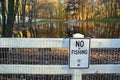 Pike Creek, Delaware, U.S - November 8, 2020 - The `No Fishing` sign by a pond near Carousel Park