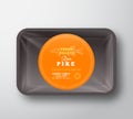 Pike Fillets. Abstract Vector Fish Plastic Tray with Cellophane Cover Packaging Design Round Label or Sticker. Retro