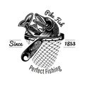 Pike fish head up from landing net in engraving style. Logo for fishing or fishing shop isolated on white