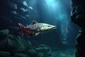 pike fish hiding in the shadows of underwater lake rocks