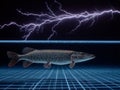 Pike fish swimming through retro cyberspace grid with lightning Royalty Free Stock Photo