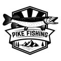 Pike fishing emblem in monochrome style. Pike fish isolated on white background Royalty Free Stock Photo