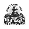 Pike fishing. Emblem template with fisherman and pike fish. Design element for logo, label, design.