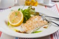 Pike perch fillet fried with lemon on a white plate in a restaurant Royalty Free Stock Photo