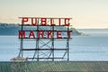 Pike Place Market Neon Sign at Sunset Royalty Free Stock Photo