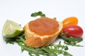 Pike Raw Roe Pike Caviar Sandwich, wiht Rucola Leaves, Lime Slice and Tomatoes Royalty Free Stock Photo