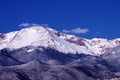 Pikes Peak Colorado after fresh snow fall with blue sky.