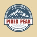 Pikes Peak, Colorado symbolic stamp, emblem with snow covered mountains
