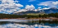 Panorama Snow-capped and forested mountains near a mountain lake, Pikes Peak Mountains in Colorado Spring, Colorado, US Royalty Free Stock Photo