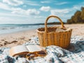 Piknik basket, book and glasses on blanket under umbrella on beach sand