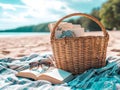 Piknik basket, book and glasses on blanket under umbrella on beach sand