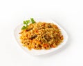 Pilaf with beef on a plate on a white background side view Royalty Free Stock Photo