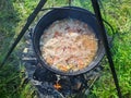 pilaf in a cauldron on an open fire in the daytime in summer. Royalty Free Stock Photo