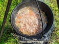 pilaf in a cauldron on an open fire in the daytime in summer. Royalty Free Stock Photo
