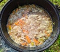 pilaf in a cauldron on an open fire in the daytime in summer. Royalty Free Stock Photo