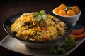 Pilaf with chicken, rice and vegetables on a dark background