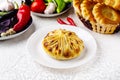 Pilaf in pastry, pilaf with lamb, oriental traditional dish.
