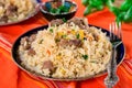 Pilaf style rice and lamb with carrots and garlic Royalty Free Stock Photo