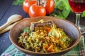 Pilaf on a platter with meat and spices Royalty Free Stock Photo