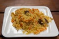 Pilaf of rice with beaf close-up on the plate