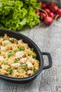 Pilaf rice-curry with chicken and salad in the form of iron Royalty Free Stock Photo