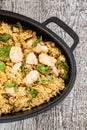 Pilaf rice-curry with chicken and salad in the form of iron Royalty Free Stock Photo