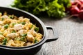Pilaf rice-curry with chicken and salad in the form of iron Royalty Free Stock Photo