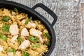Pilaf rice-curry with chicken and salad in the form of iron Royalty Free Stock Photo