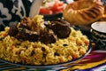 Pilaf- traditional asian dish, rice prepared with vegetables and meat. Oriental, uzbek style.