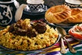 Pilaf- traditional asian dish, rice prepared with vegetables and meat. Oriental, uzbek style. Royalty Free Stock Photo