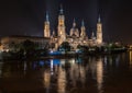 Pilar Zaragoza mighty Ebro river, night water reflection Aragon Spain