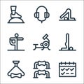 pilates line icons. linear set. quality vector line set such as calendar, pushups, exercise, yoga, rowing machine, yoga, yoga,