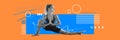 Contemporary art collage with young sporty girl doing stretching exercises over orange background. Pilates, yoga Royalty Free Stock Photo