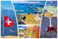 Pilatus mountain peak and Lucerne lake postcard collage view with label Royalty Free Stock Photo