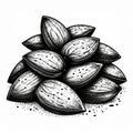 Pile of Almonds Black and White Illustration Royalty Free Stock Photo