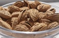 A pile of almonds in a plate close-up. Salted fresh nuts in the shell in a glass container. The texture of the almonds.